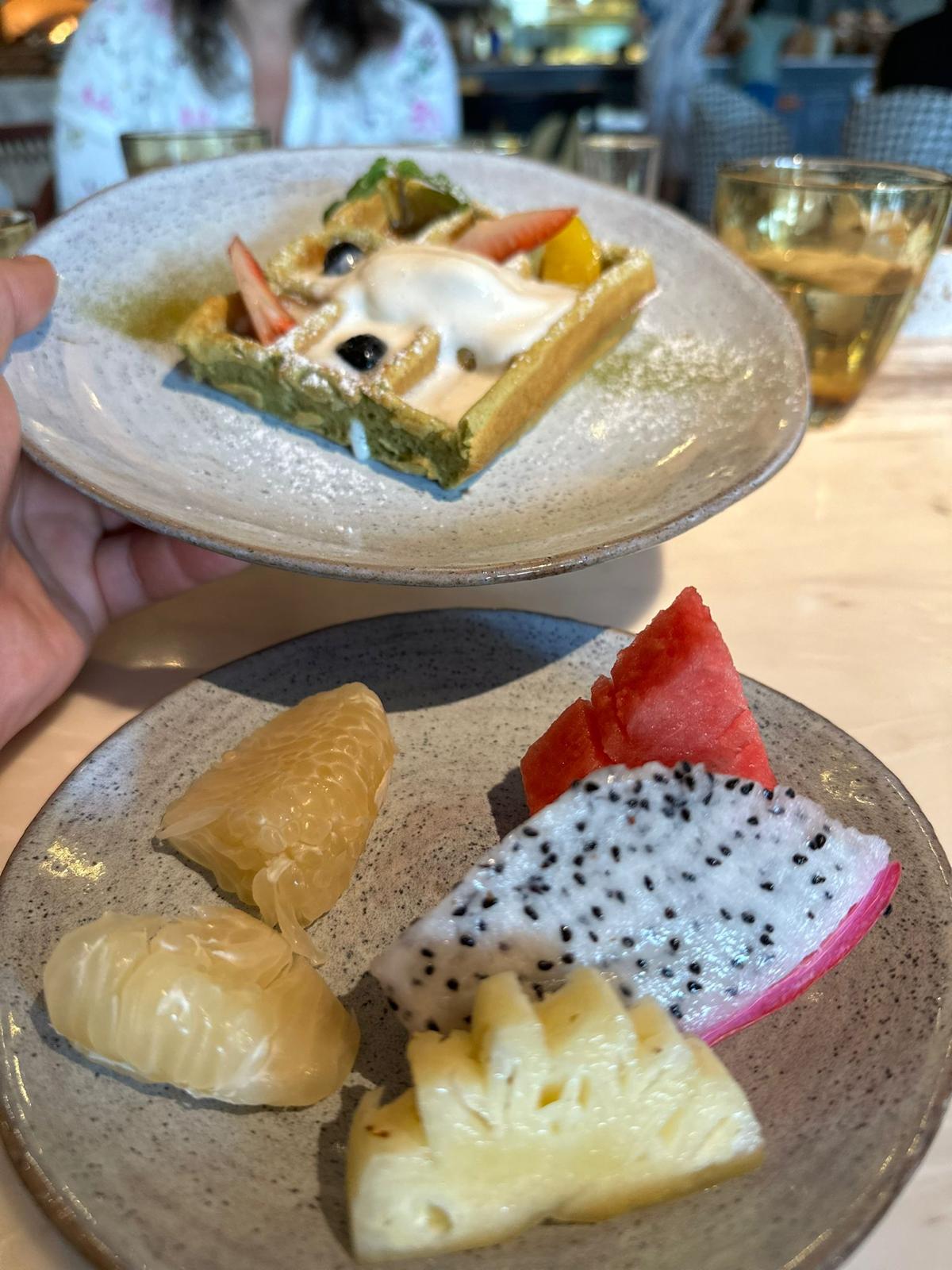 Island breakfast — pandan waffle and tropical fruit