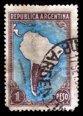 Vintage Argentinian postage stamp with a map of South America